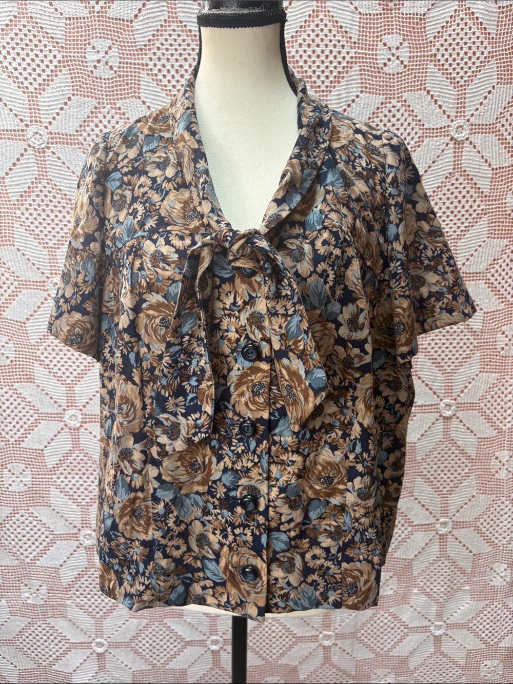 Handcrafted Floral Tie Neck Blouse | Cottagecore Boho | Oversized Sz L